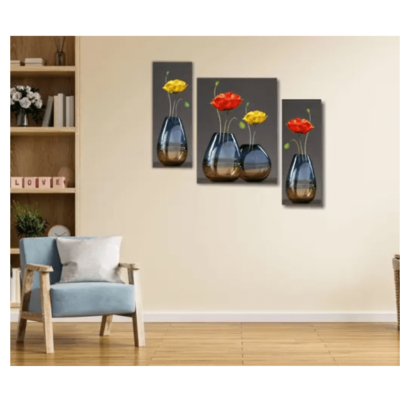 Set Of 3 Flower Modern Art Wall Painting With UV Print Decorete Wall At Office