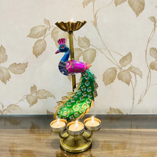 Iron Multicolor Peacock Tealight Candle Holder