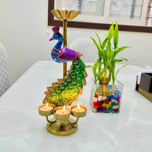 Iron Multicolor Peacock Tealight Candle Holder