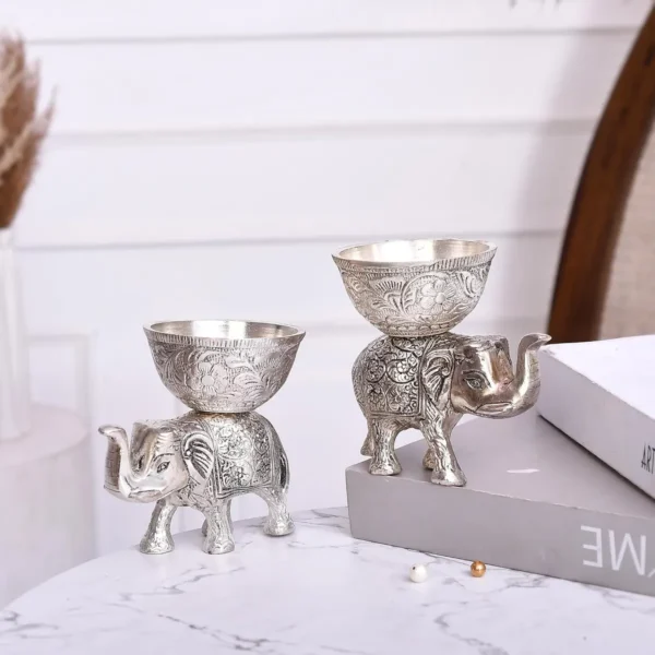 Silver Metal Elephant Urli And Dry Fruit Bowl Showpiece Utility Home Decor For Floating Flowers, Candle Lamps, Temple Room