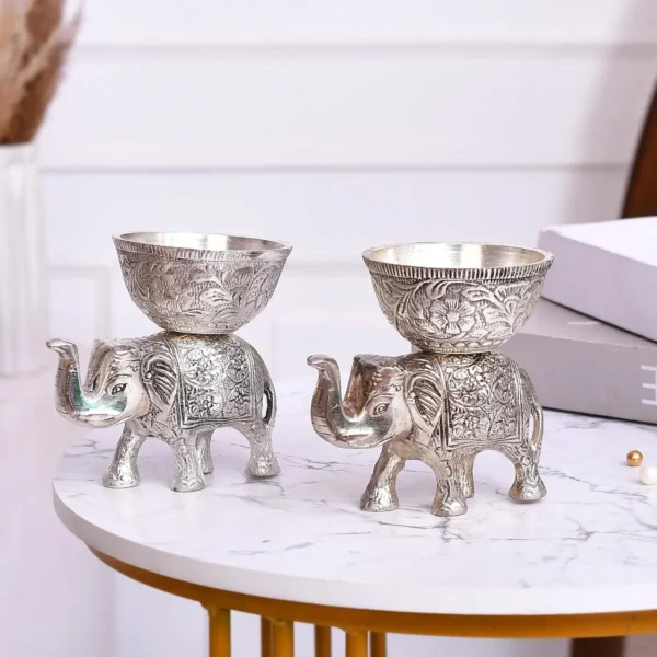 Silver Metal Elephant Urli And Dry Fruit Bowl Showpiece Utility Home Decor For Floating Flowers, Candle Lamps, Temple Room