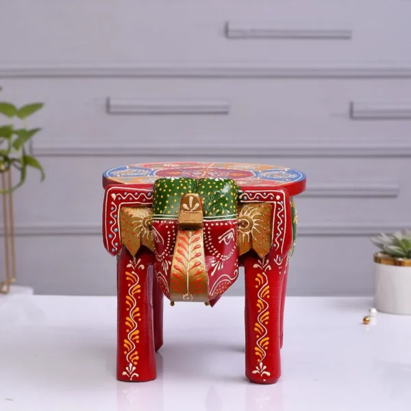 Wooden Hand Crafted Emboss Colorful Painted Elephant Shape Stool For Home/Office/Living Or Bedroom Decor
