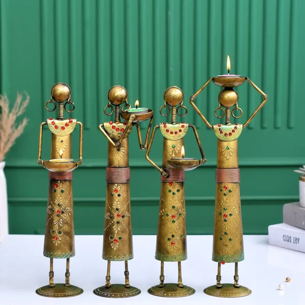 Antique Metal Set of 4 Tajasthani Tribal Labour Ladies Hand-Painted T-Light Holder Cum Showpiece