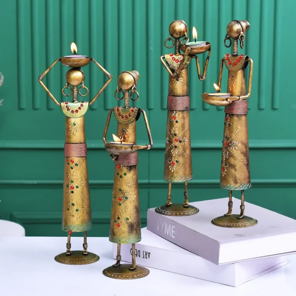 Antique Metal Set of 4 Tajasthani Tribal Labour Ladies Hand-Painted T-Light Holder Cum Showpiece