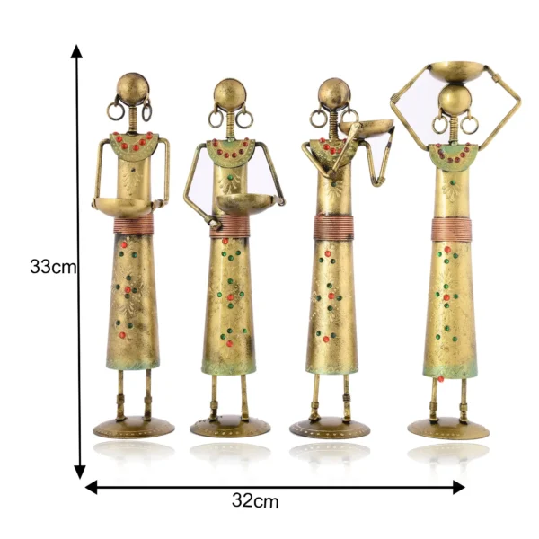 Antique Metal Set of 4 Tajasthani Tribal Labour Ladies Hand-Painted T-Light Holder Cum Showpiece