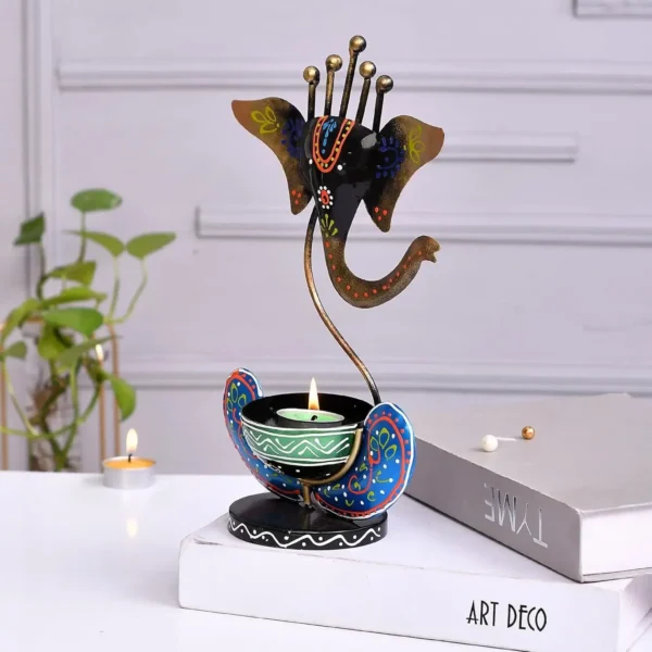 Black Metal Ganesh T-Lite Hand Painted For Table Top Decor Decorative Showpiece