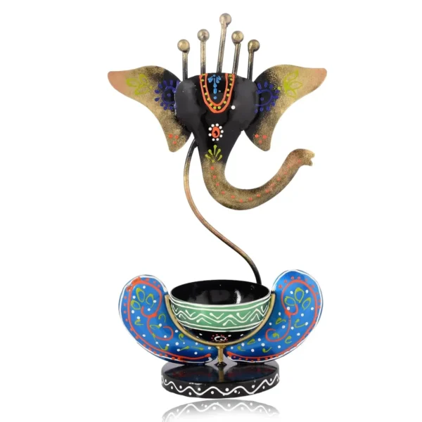 Black Metal Ganesh T-Lite Hand Painted For Table Top Decor Decorative Showpiece