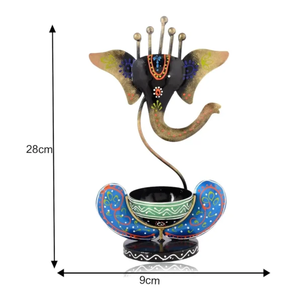 Black Metal Ganesh T-Lite Hand Painted For Table Top Decor Decorative Showpiece