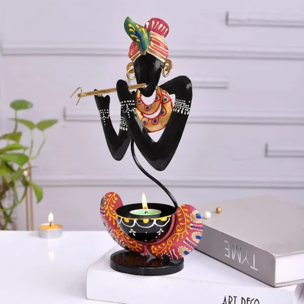 Black Metal Murli Krishna T-Lite Hand Painted For Table Top Decorative Showpiece For Home | Office | Anniversary Gifts | Wedding Gifts