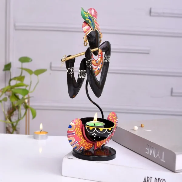 Black Metal Murli Krishna T-Lite Hand Painted For Table Top Decorative Showpiece For Home | Office | Anniversary Gifts | Wedding Gifts