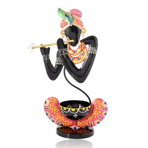 Black Metal Murli Krishna T-Lite Hand Painted For Table Top Decorative Showpiece For Home | Office | Anniversary Gifts | Wedding Gifts