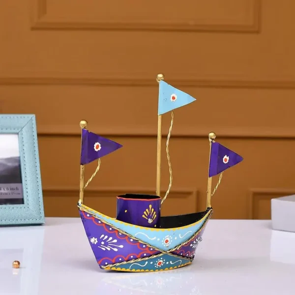 Blue Metal Boat Pen Stand Nautical Inspired Desk Organizer For Pens And Pencils Decorative Office Accessory