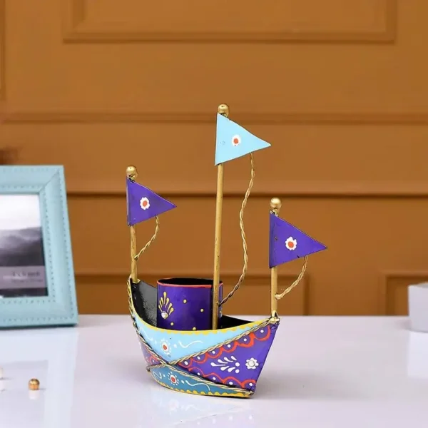 Blue Metal Boat Pen Stand Nautical Inspired Desk Organizer For Pens And Pencils Decorative Office Accessory
