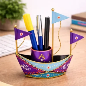 Blue Metal Boat Pen Stand for Office Desk Decor