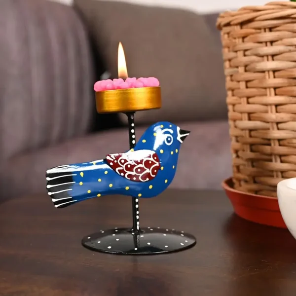 Blue Metal Small Bird Hand Painted Tealight Candle Holder For Living Room Decorative Showpiece For Home Decoration