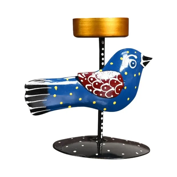 Blue Metal Small Bird Hand Painted Tealight Candle Holder For Living Room Decorative Showpiece For Home Decoration