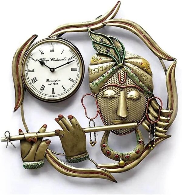 Golden Metal Krishna Wall Clock - Decorative Home & Office Clock For Gifting