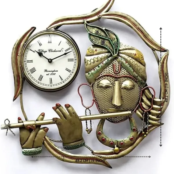Golden Metal Krishna Wall Clock - Decorative Home & Office Clock For Gifting