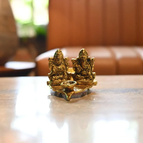 Golden Metal Laxmi, Ganesh With Diya For Home Temple Decoration
