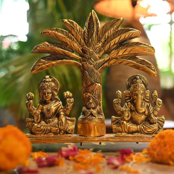 Golden Metal Laxmi Ganesh With Khajur Tree Design For Home Temple | Office Temple | Gifting | Diwali Pooja