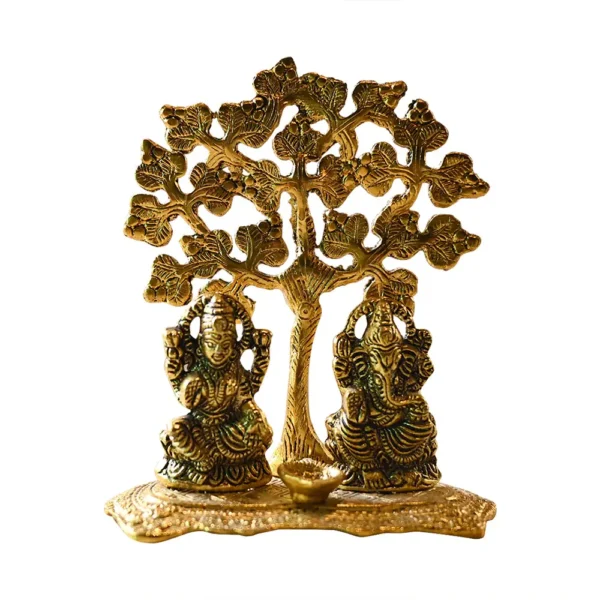 Golden Metal Laxmi, Ganesh With Leaves Tree And Diya Design