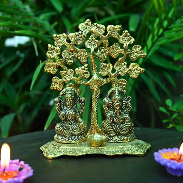 Golden Metal Laxmi, Ganesh With Leaves Tree And Diya Design