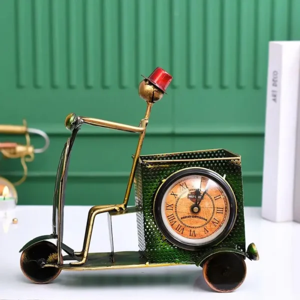 Green Vintage Scooter Pen Stand with Clock | Metal Desk Organizer for Office & Home Decor