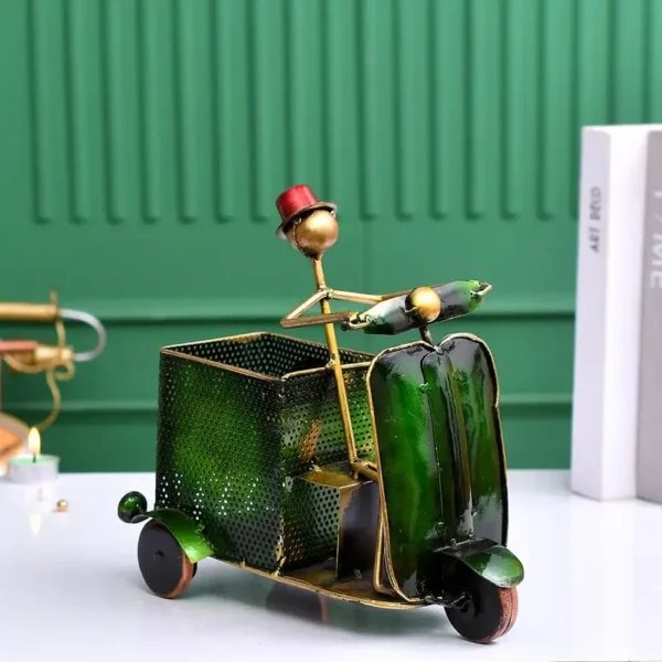 Green Vintage Scooter Pen Stand with Clock | Metal Desk Organizer for Office & Home Decor