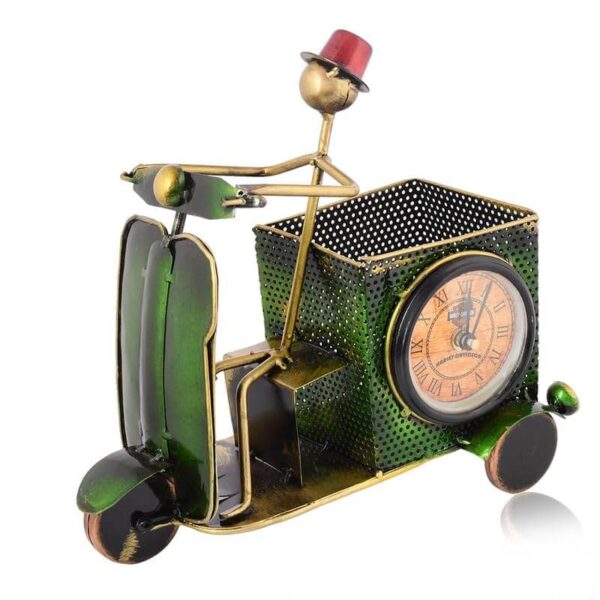 Green Vintage Scooter Pen Stand with Clock | Metal Desk Organizer for Office & Home Decor