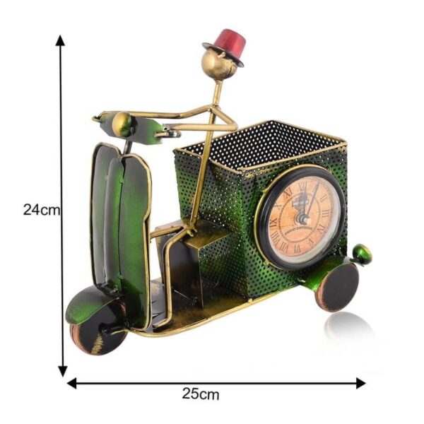 Green Vintage Scooter Pen Stand with Clock | Metal Desk Organizer for Office & Home Decor