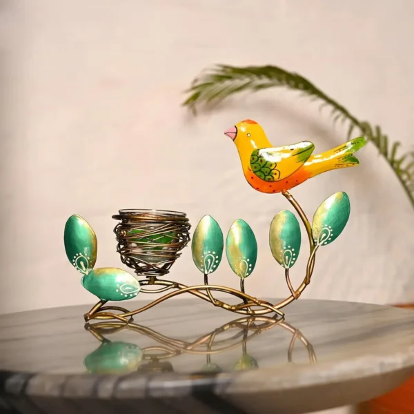 Handcrafted Metal Bird Tealight Candle Holder – Decorative Tabletop T-Light Stand with Leaf Design