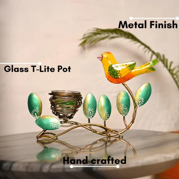Handcrafted Metal Bird Tealight Candle Holder – Decorative Tabletop T-Light Stand with Leaf Design