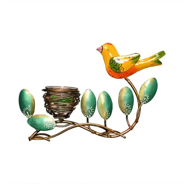 Handcrafted Metal Bird Tealight Candle Holder – Decorative Tabletop T-Light Stand with Leaf Design