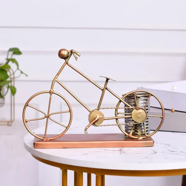 Handcrafted Metal Golden Cycle Pen Stand | Pen Holder for Home