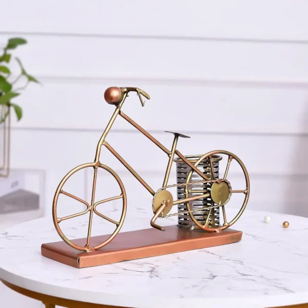 Handcrafted Metal Golden Cycle Pen Stand | Pen Holder for Home