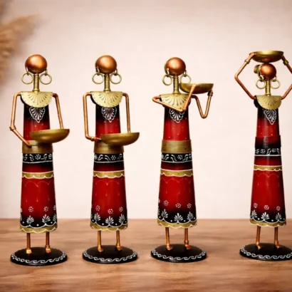 Handcrafted Metal Tribal Lady Figurines with Red Ethnic Dress Design