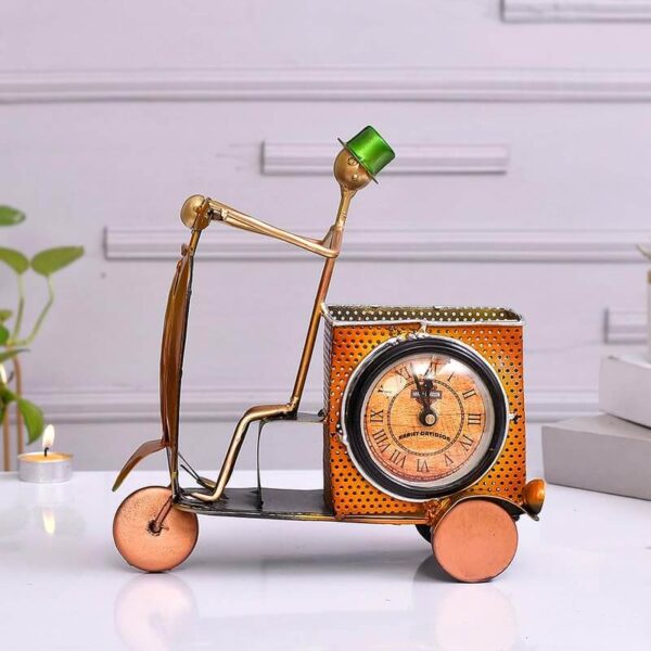 Handcrafted Yellow Scooter Pen Stand with Clock – Artistic Metal Desk Organizer and Home Décor Piece