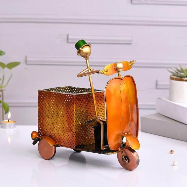 Handcrafted Yellow Scooter Pen Stand with Clock – Artistic Metal Desk Organizer and Home Décor Piece
