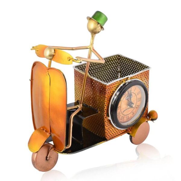 Handcrafted Yellow Scooter Pen Stand with Clock – Artistic Metal Desk Organizer and Home Décor Piece