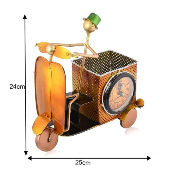 Handcrafted Yellow Scooter Pen Stand with Clock – Artistic Metal Desk Organizer and Home Décor Piece