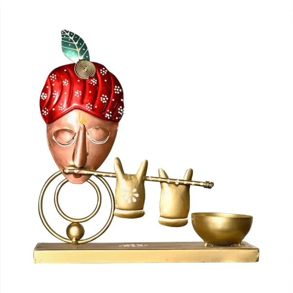 Metal Krishna Hand Painted Tealight Candle Holder For Living Room Decorative Showpiece For Home Decor