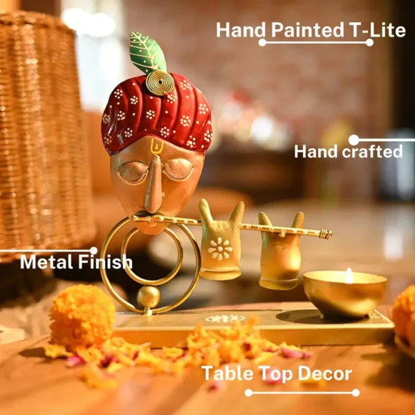 Metal Krishna Hand Painted Tealight Candle Holder For Living Room Decorative Showpiece For Home Decor