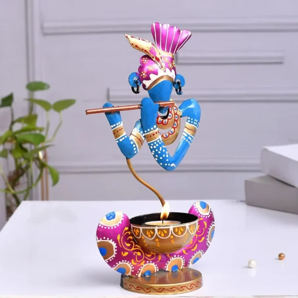 Metal Murli Krishna T_Lite Hand Painted for Table Top Decor Decorative Showpiece for Home | Office | Gift Item