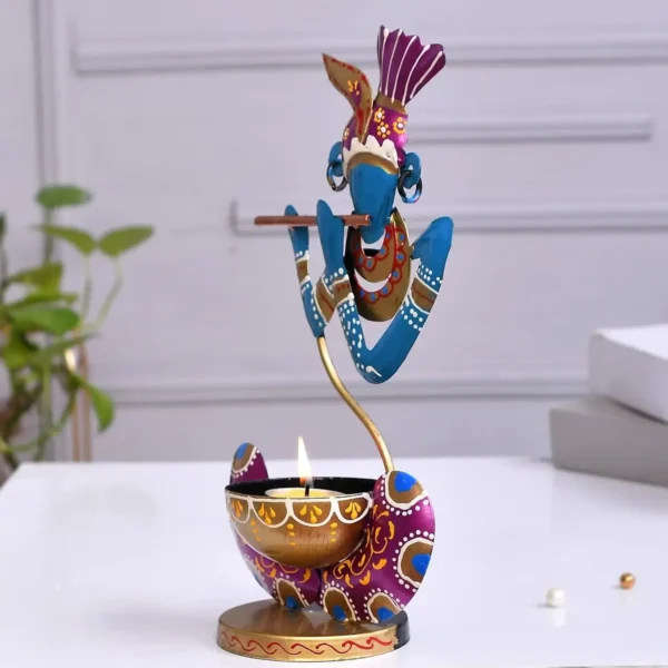 Metal Murli Krishna T_Lite Hand Painted for Table Top Decor Decorative Showpiece for Home | Office | Gift Item