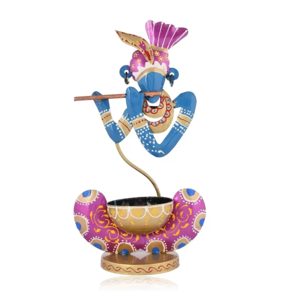 Metal Murli Krishna T_Lite Hand Painted for Table Top Decor Decorative Showpiece for Home | Office | Gift Item