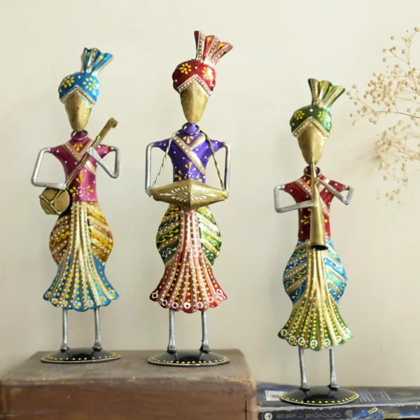 Metal Rajasthani Standing Men Musician Set of 3 for Table Top Decor Decorative Showpiece for Home | Office | Anniversary Gifts | Wedding Gifts