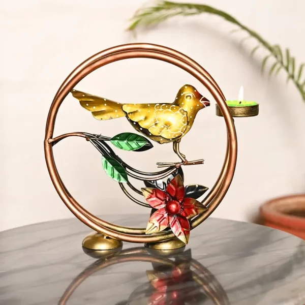 Metal Round Bird Tealight Candle Holder For Living Room Decorative Showpiece For Home Decor