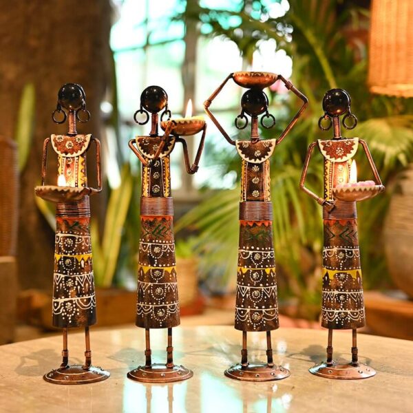 Metal Set of 4 Rajasthani Tribal Majdoor Ladies Hand-Painted Tea Light Holder Cum Showpiece Black