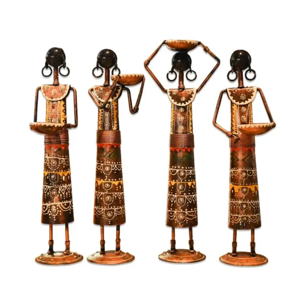 Metal Set of 4 Rajasthani Tribal Majdoor Ladies Hand-Painted Tea Light Holder Cum Showpiece Black