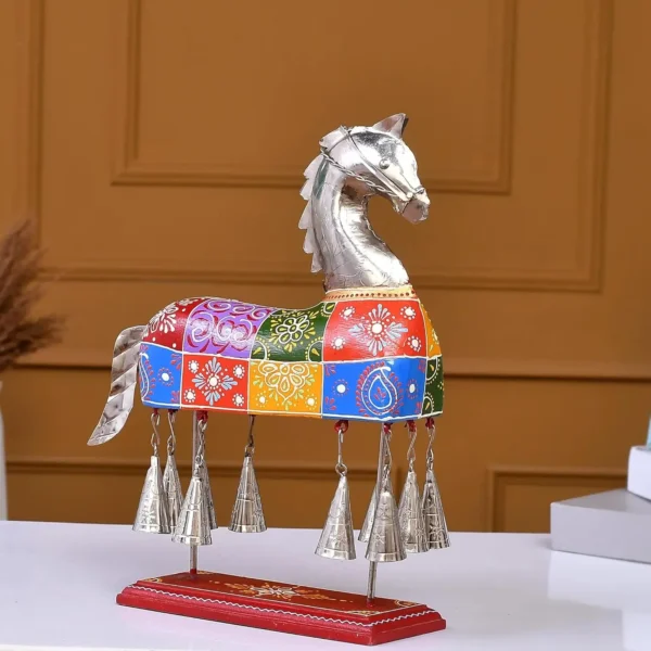 Metal Wooden & Iron Hand Painted Table Decor Horse With Bell Decorative Showpiece For Home | Office | Anniversary Gifts | Wedding Gifts